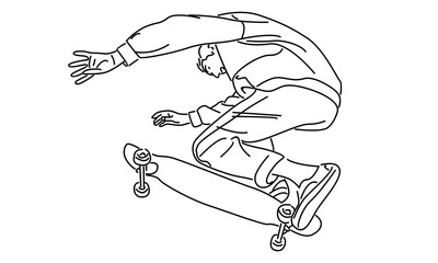 line art of man riding skate and performing jump trick