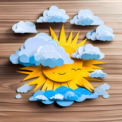 Sun and clouds. 3D Paper cut picture of sun and clouds. Weather concept AI-generated square digital illustration.