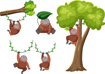 Orangutan Swing: Vector Cartoon Illustration of Vine, Branch, and Tree © blueringmedia
