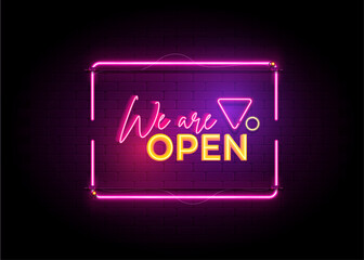 we are open neon sign text effect social media post concept design with light glowing background