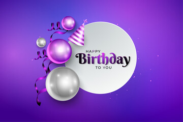 Happy birthday celebration concept design template with birthday party typography in modern trendy light glowing purple banner background