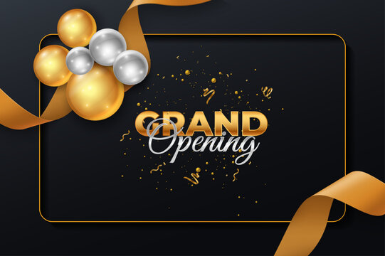 3d luxury grand opening invitation event poster design template with golden silver Realistic balloons and confetti dark black background