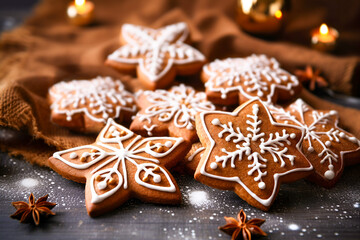 Obraz na płótnie Canvas Gingerbread cookies background with Christmas bokeh lights