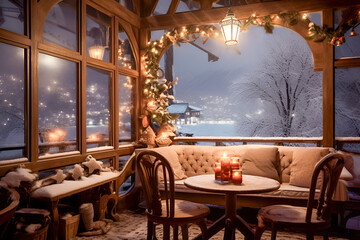 Winter cafe interior with cozy atmosphere