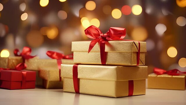 A Bundle Of Gift Boxes Wrapped In A Luxury Metallic Gold Paper. The Texture Is Smooth With A Subtle Shimmer, And Each Box Is Tied With A Thick Velvet Red Ribbon And A Large, Satin Bow.