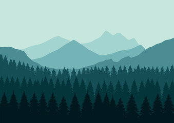 landscape with mountains and forest. Vector illustration.