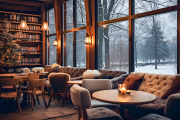 Cozy winter cafe interior with beautiful view - obrazy, fototapety, plakaty