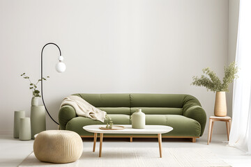 White living room withgreen sofa in white wall background