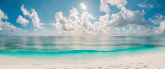Beautiful sandy beach with white sand and rolling calm wave of turquoise ocean on Sunny day on background white clouds in blue sky. Island in Maldives, colorful perfect panoramic natural landscape.1 - obrazy, fototapety, plakaty