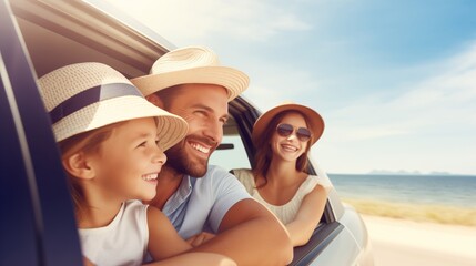 happy family day. mother father and children smiling sitting in compact white car looking out windows, Summer at the beach,Family holiday vacation travel, road trip and holiday concept - obrazy, fototapety, plakaty