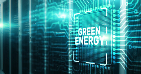 Inscription on 3d Electronic Circuit Board Chip: Green Energy saving concept