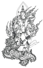 Tattoo art men angels thai riding the literary tiger hand drawing and sketch