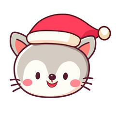 Cute kitten head in Santa hat. Funny cat. Christmas cartoon vector illustration.