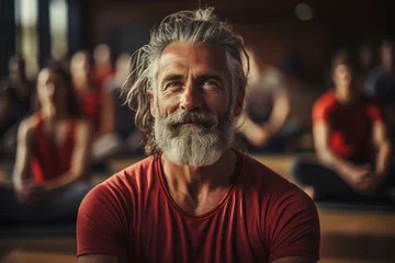 Fotobehang Spiritualized, inspired senior male yogi trainer practicing meditation with a group of people in gym © Sergio