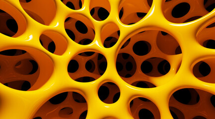 A vibrant yellow round hive cell-like structure with holes creates an organic, interconnected pattern.