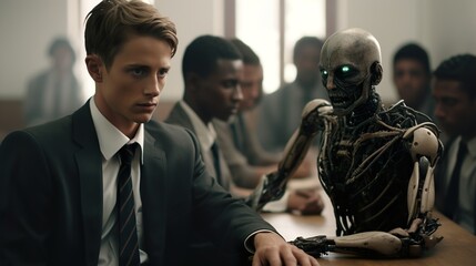 Create a robot aiding teachers in a classroom UHD wallpaper