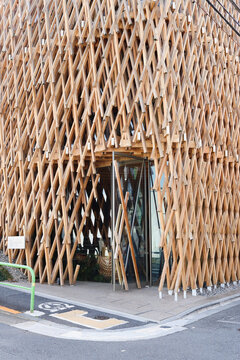 TOKYO, JAPAN - April 30, 2021: The front of Sunny Hills, a pineapple cake shop in Minami-Aoyama. The building was designed by Kengo Kuma.
