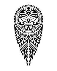 tattoo sketch maori style for leg or shoulder with sun symbols face. Black and white.