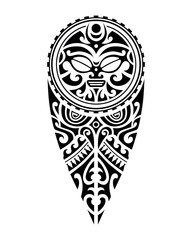 tattoo sketch maori style for leg or shoulder with sun symbols face. Black and white.