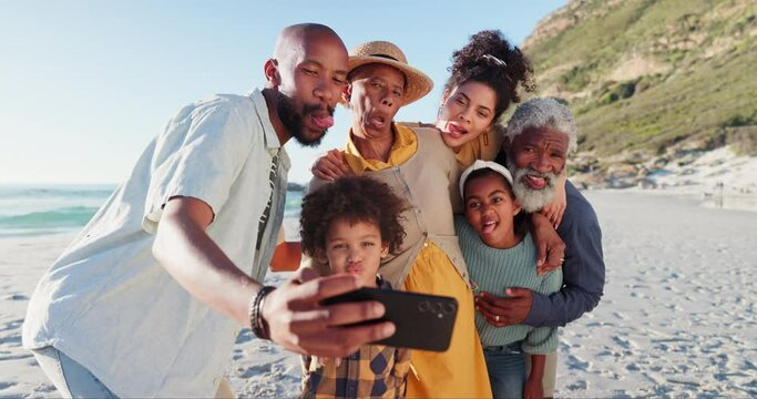 Funny, selfie and big family at a beach for travel, adventure or bond in nature together. Freedom, phone and kids with grandparents, parents and app at the sea for crazy vacation profile picture