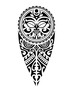 tattoo sketch maori style for leg or shoulder with sun symbols face. Black and white.