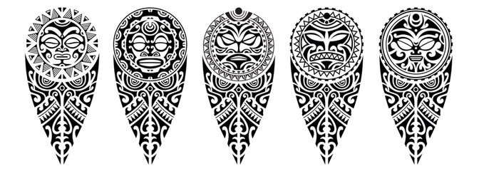 Set of tattoo sketch maori style for leg or shoulder with sun symbols face. Black and white. - obrazy, fototapety, plakaty