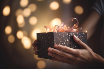 close up on hands of a woman holding a gift with golden bokeh light background, giving and receiving on christmas concept