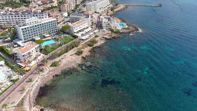 Mallorca: Aerial View Of Resort Town Son Servera On Majorca Island, Spain, Europe | City Coastline Follow