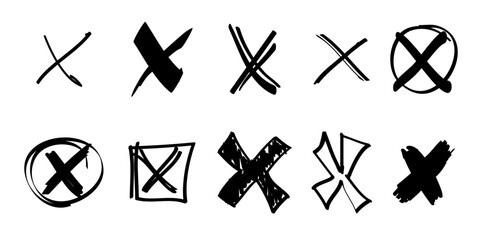 Hand drawn cross mark. doodle set of wrong sign or false mark. vector illustration