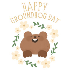 Happy Groundhog Day lettering text with flower border cute animal  Watercolor 2 February sublimation for t-shirt printable postcard print greetings card banner poster