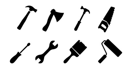 Tool or instrument icon collection in black. Construction tool silhouette icons. Screwdriver, wrench, wire cutter, drill, brush, hammer icons. Service and repair symbols - obrazy, fototapety, plakaty