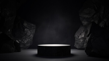 Black, dark and gray geometric Stone and Rock shape background, minimalist mockup for podium...