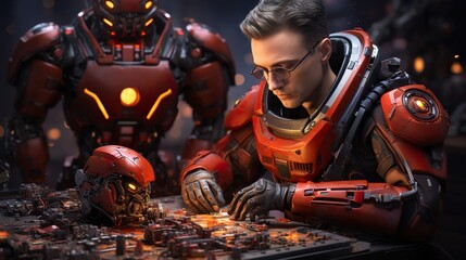 Create a robot assisting with the assembly  UHD wallpaper - obrazy, fototapety, plakaty