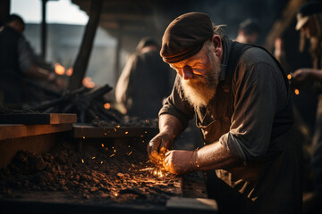 blacksmith working in the factory - obrazy, fototapety, plakaty
