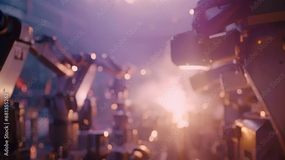 Poster a view into the future of technology deep in the center of a robotic arm factory with bright sparks 