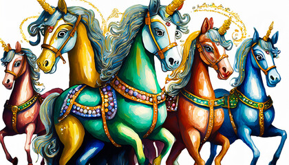 Carousel horses in gouache with white background