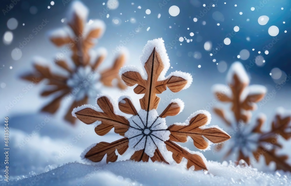 Wall mural beautiful decorative snowflakes in the snow against a blue natural background with falling snow and 