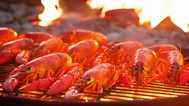 A row of freshly caught lobsters sizzling on an outdoor grill, their shells turning a vibrant red in the firelight.