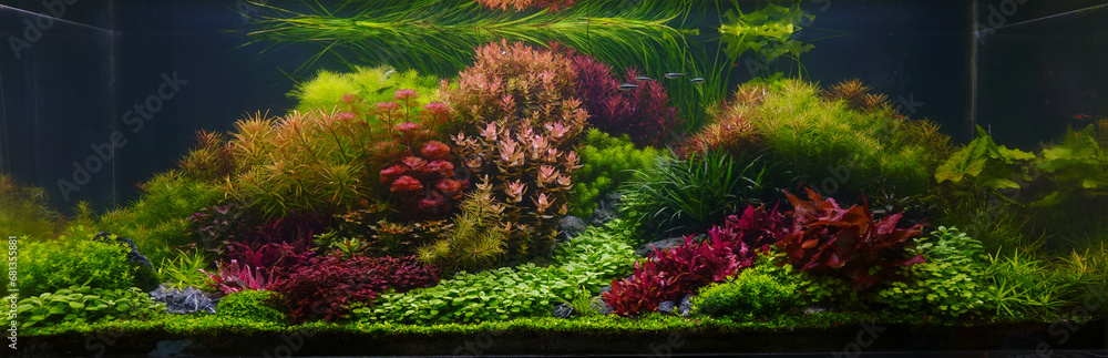 Wall mural aquarium. colorful aquatic plants in aquarium tank. beautiful planted tank. colorful aquascape