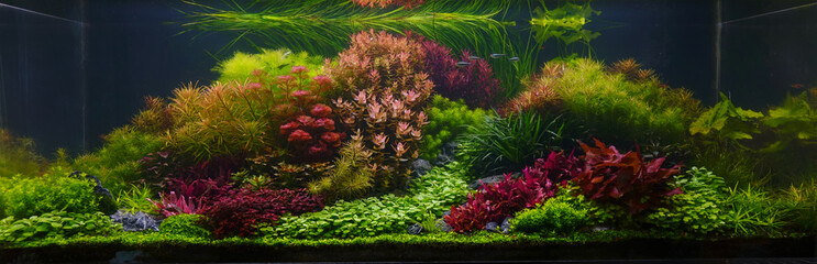 Aquarium. Colorful aquatic plants in aquarium tank. Beautiful planted tank. Colorful aquascape