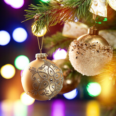 Christmas composition. Beautiful balls on a Christmas tree close-up on a sparkling dark background....