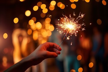 close up of person hands with sparkler burning bangel agianst bookeh lights new year celebration background