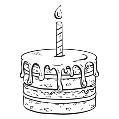 Hand-drawn vector. Ink. Classic cake with a lit candle. Layers soaked in delicious cream, dripping glaze. Tall striped candle burning brightly. Traditional design for birthdays, cards, invitations
