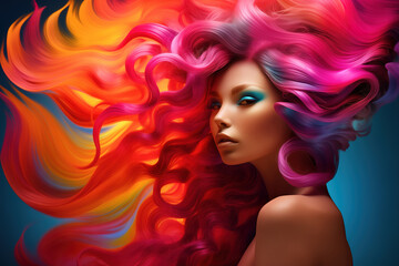 Naklejka na ściany i meble Gorgeous woman with rainbow colored hairs looking at camera, creative illustration