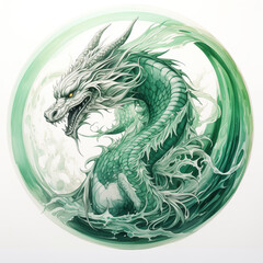 Green dragon inside of round frame isolated on white background	
