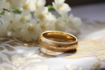 Obraz na płótnie Canvas Elegant gold wedding band on lace, symbolizing romance and commitment, ideal for wedding and jewelry themes.