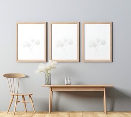 Minimalist elegance: Trio of shadow-play art frames on a warm wooden backdrop.