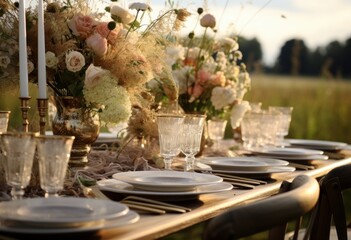 Rustic table setting with floral arrangements in a field at dusk, perfect for outdoor event inspiration. Great for event planning websites, wedding inspiration blogs, or catering service portfolios. - Powered by Adobe