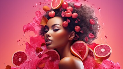 A woman with blue hair surrounded by pink hearts and citrus slices, embodying a blend of love and vitality, ideal for creative beauty campaigns.
