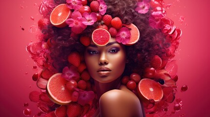 A woman with blue hair surrounded by pink hearts and citrus slices, embodying a blend of love and vitality, ideal for creative beauty campaigns.